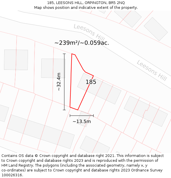 185, LEESONS HILL, ORPINGTON, BR5 2NQ: Plot and title map