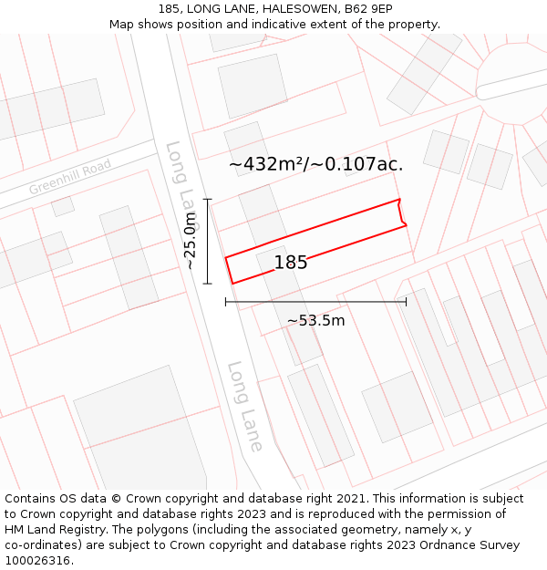 185, LONG LANE, HALESOWEN, B62 9EP: Plot and title map