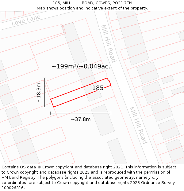 185, MILL HILL ROAD, COWES, PO31 7EN: Plot and title map
