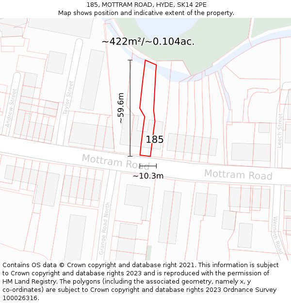 185, MOTTRAM ROAD, HYDE, SK14 2PE: Plot and title map