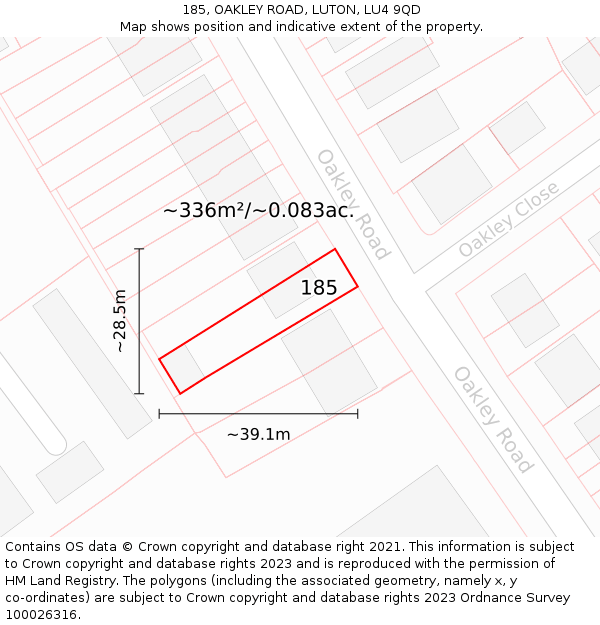 185, OAKLEY ROAD, LUTON, LU4 9QD: Plot and title map
