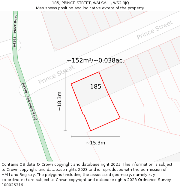 185, PRINCE STREET, WALSALL, WS2 9JQ: Plot and title map