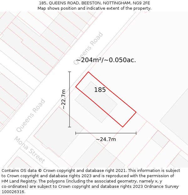 185, QUEENS ROAD, BEESTON, NOTTINGHAM, NG9 2FE: Plot and title map