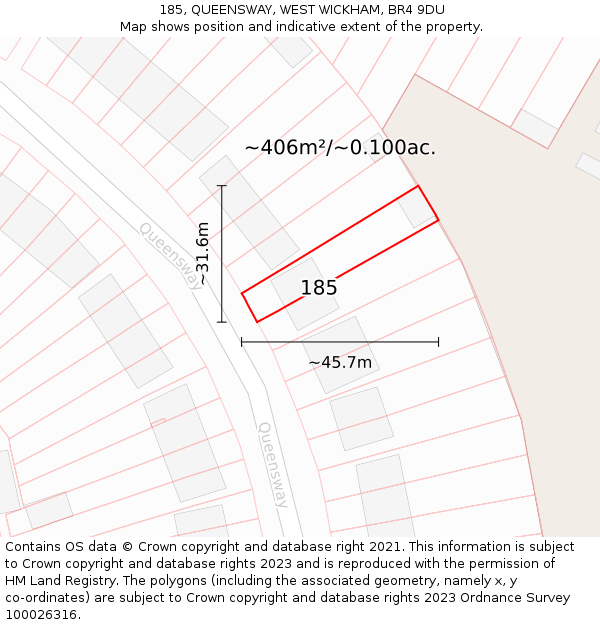 185, QUEENSWAY, WEST WICKHAM, BR4 9DU: Plot and title map