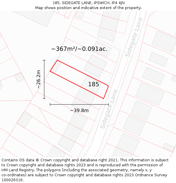 185, SIDEGATE LANE, IPSWICH, IP4 4JN: Plot and title map
