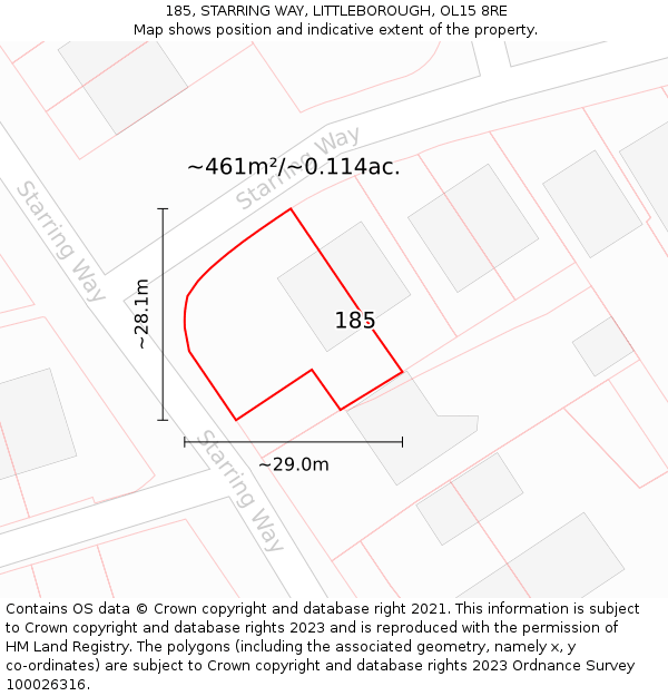 185, STARRING WAY, LITTLEBOROUGH, OL15 8RE: Plot and title map