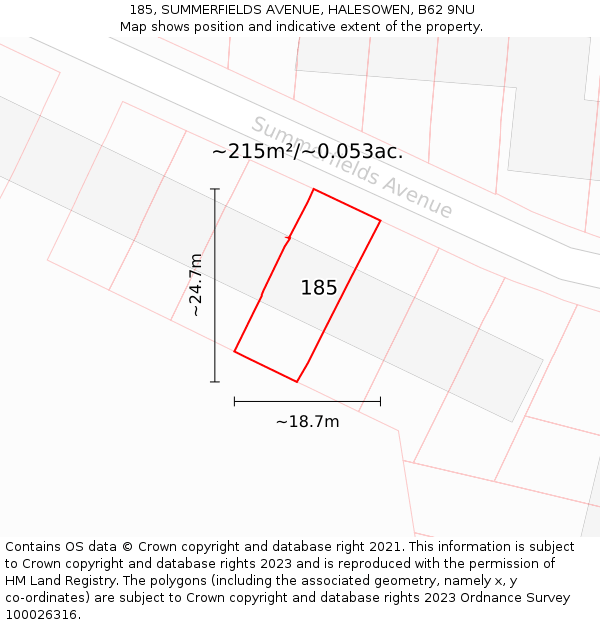 185, SUMMERFIELDS AVENUE, HALESOWEN, B62 9NU: Plot and title map