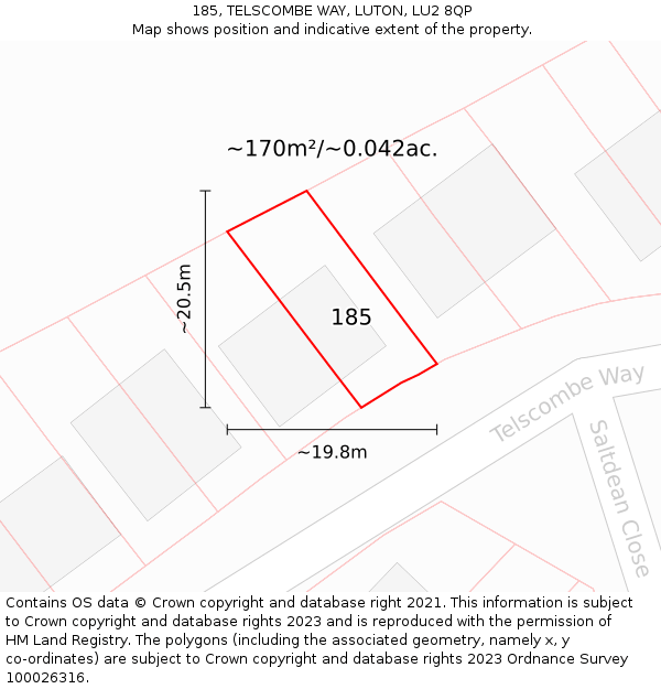 185, TELSCOMBE WAY, LUTON, LU2 8QP: Plot and title map