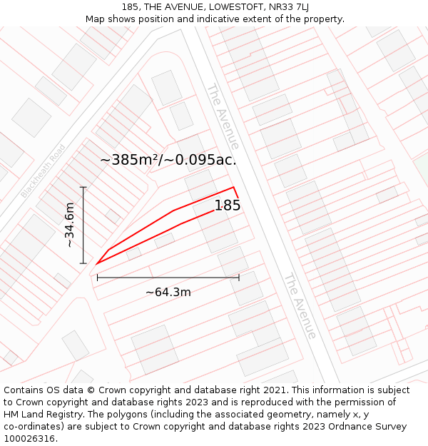 185, THE AVENUE, LOWESTOFT, NR33 7LJ: Plot and title map