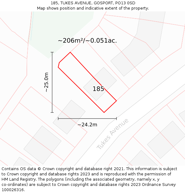 185, TUKES AVENUE, GOSPORT, PO13 0SD: Plot and title map