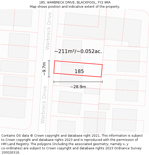 185, WARBRECK DRIVE, BLACKPOOL, FY2 9RA: Plot and title map