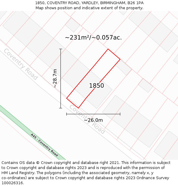 1850, COVENTRY ROAD, YARDLEY, BIRMINGHAM, B26 1PA: Plot and title map