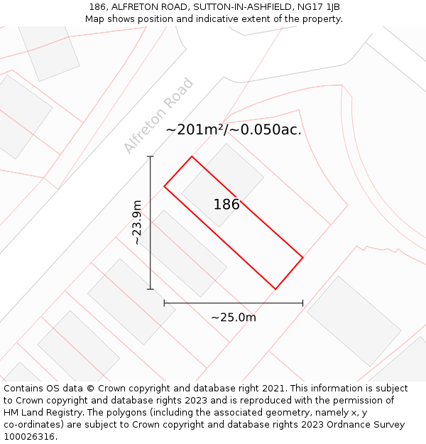 186, ALFRETON ROAD, SUTTON-IN-ASHFIELD, NG17 1JB: Plot and title map