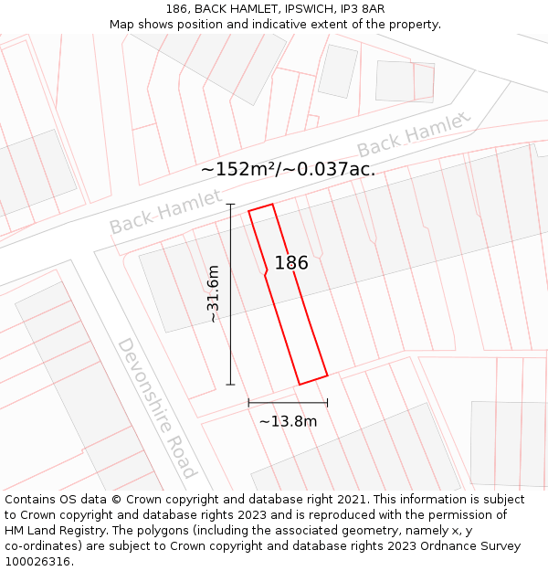 186, BACK HAMLET, IPSWICH, IP3 8AR: Plot and title map
