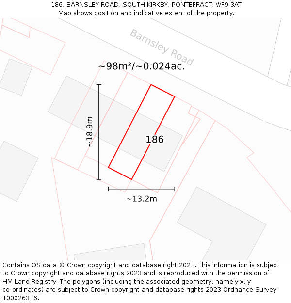 186, BARNSLEY ROAD, SOUTH KIRKBY, PONTEFRACT, WF9 3AT: Plot and title map