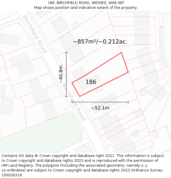 186, BIRCHFIELD ROAD, WIDNES, WA8 9EF: Plot and title map