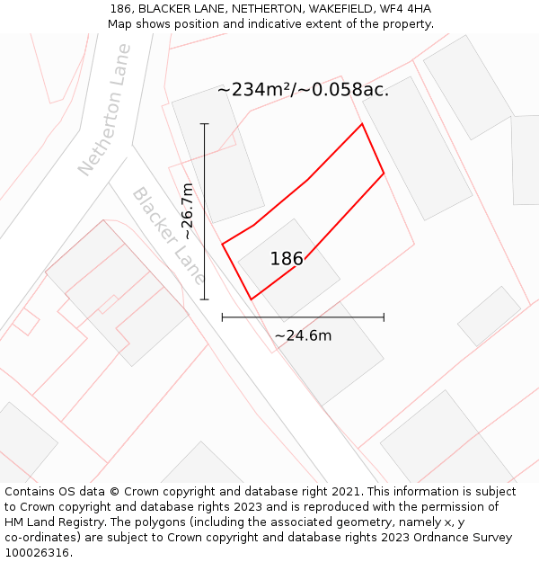 186, BLACKER LANE, NETHERTON, WAKEFIELD, WF4 4HA: Plot and title map
