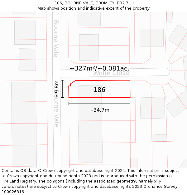 186, BOURNE VALE, BROMLEY, BR2 7LU: Plot and title map