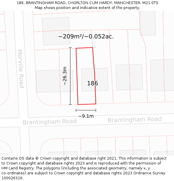 186, BRANTINGHAM ROAD, CHORLTON CUM HARDY, MANCHESTER, M21 0TS: Plot and title map