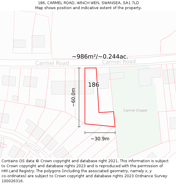 186, CARMEL ROAD, WINCH WEN, SWANSEA, SA1 7LD: Plot and title map