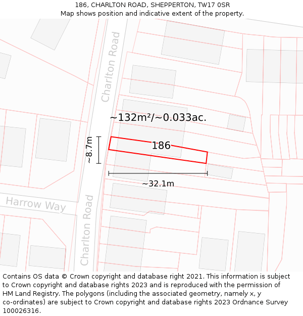 186, CHARLTON ROAD, SHEPPERTON, TW17 0SR: Plot and title map
