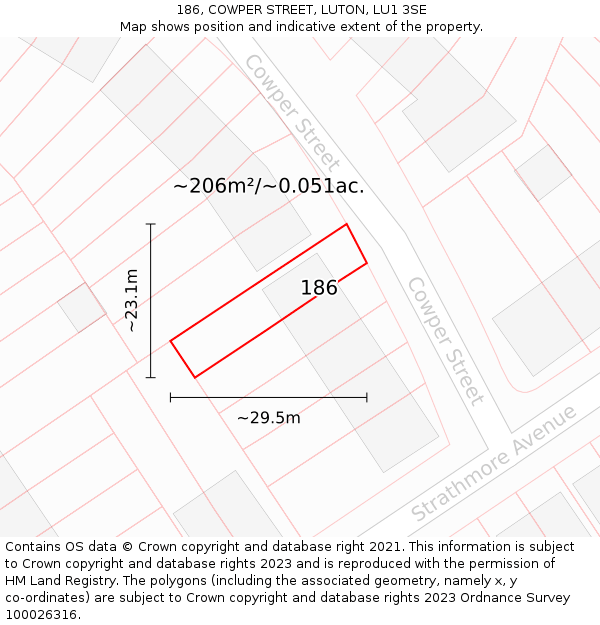 186, COWPER STREET, LUTON, LU1 3SE: Plot and title map