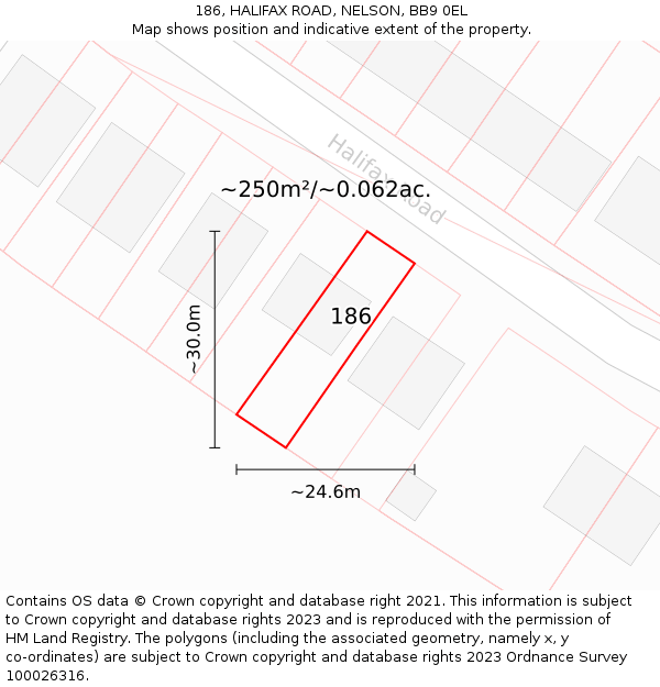 186, HALIFAX ROAD, NELSON, BB9 0EL: Plot and title map