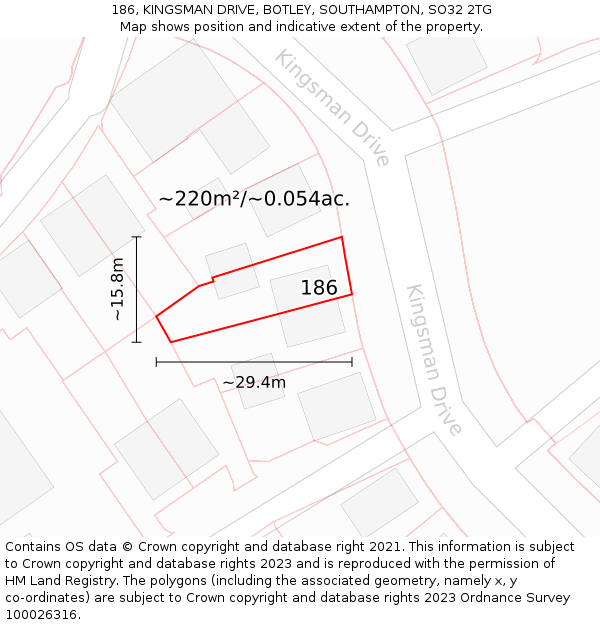186, KINGSMAN DRIVE, BOTLEY, SOUTHAMPTON, SO32 2TG: Plot and title map