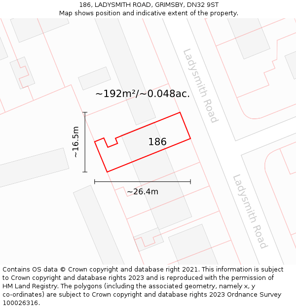 186, LADYSMITH ROAD, GRIMSBY, DN32 9ST: Plot and title map