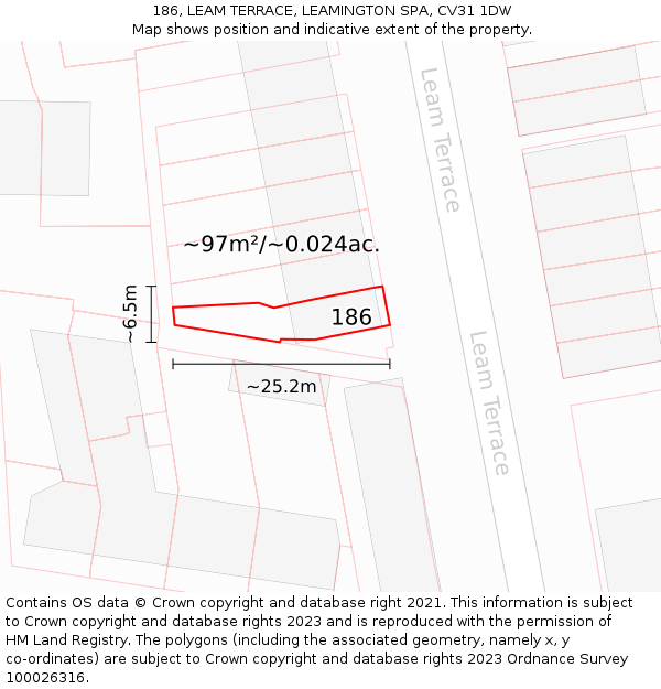 186, LEAM TERRACE, LEAMINGTON SPA, CV31 1DW: Plot and title map
