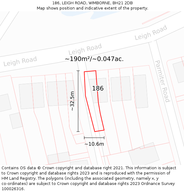 186, LEIGH ROAD, WIMBORNE, BH21 2DB: Plot and title map