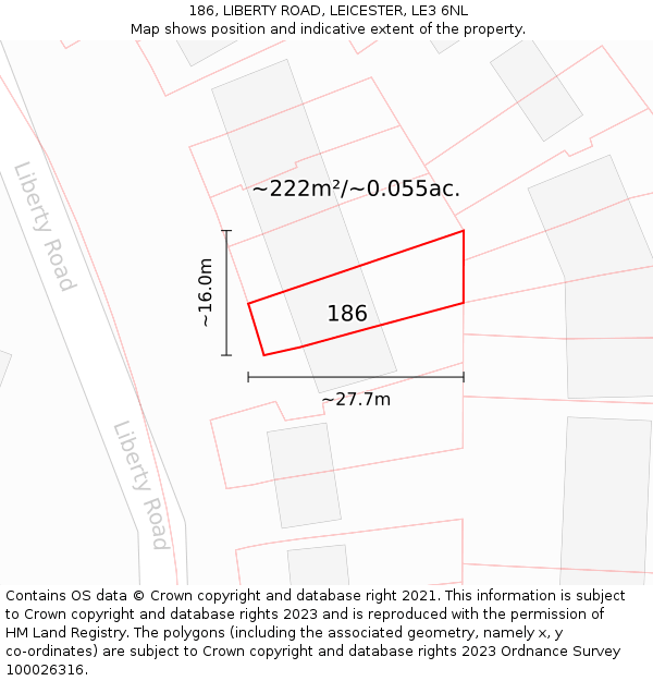 186, LIBERTY ROAD, LEICESTER, LE3 6NL: Plot and title map