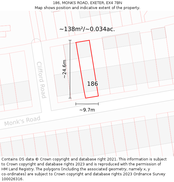 186, MONKS ROAD, EXETER, EX4 7BN: Plot and title map