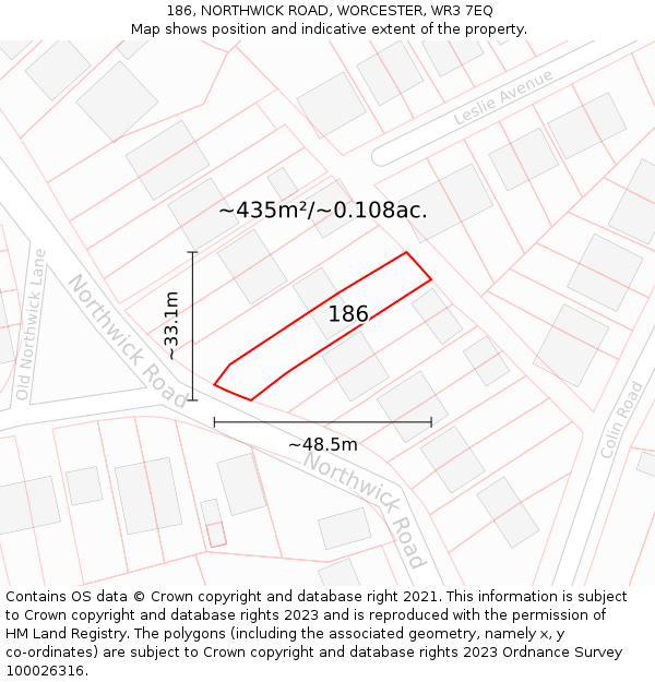 186, NORTHWICK ROAD, WORCESTER, WR3 7EQ: Plot and title map