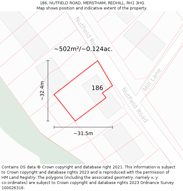 186, NUTFIELD ROAD, MERSTHAM, REDHILL, RH1 3HG: Plot and title map