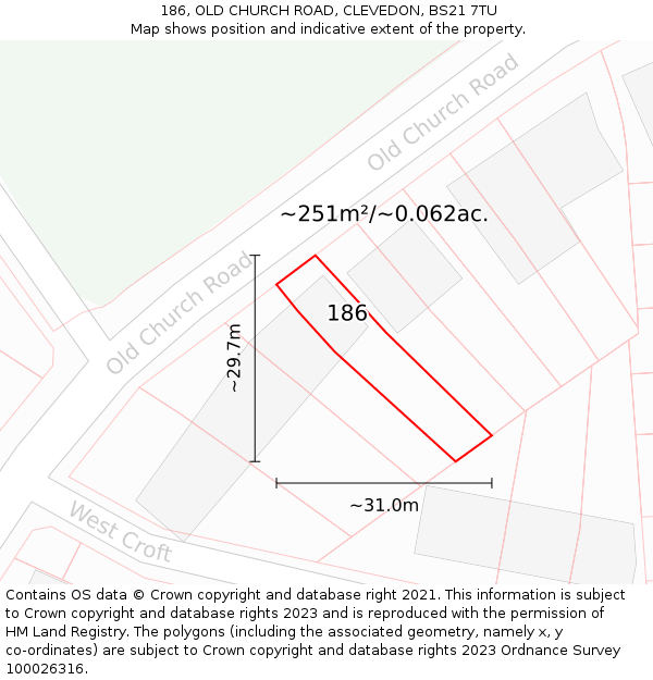 186, OLD CHURCH ROAD, CLEVEDON, BS21 7TU: Plot and title map