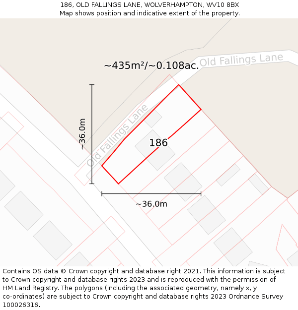 186, OLD FALLINGS LANE, WOLVERHAMPTON, WV10 8BX: Plot and title map