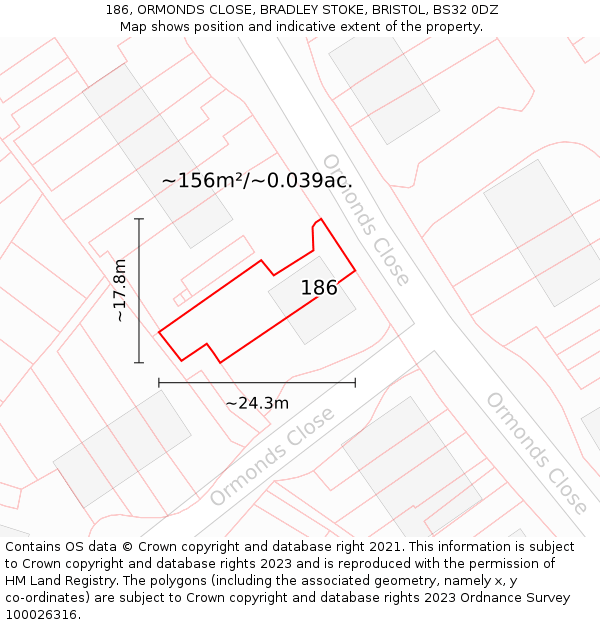 186, ORMONDS CLOSE, BRADLEY STOKE, BRISTOL, BS32 0DZ: Plot and title map