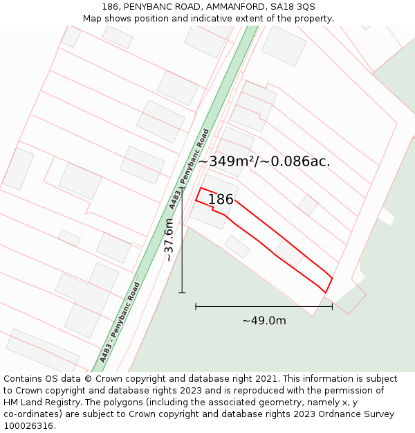 186, PENYBANC ROAD, AMMANFORD, SA18 3QS: Plot and title map