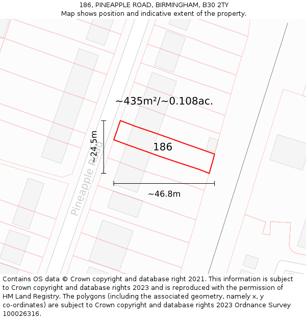 186, PINEAPPLE ROAD, BIRMINGHAM, B30 2TY: Plot and title map