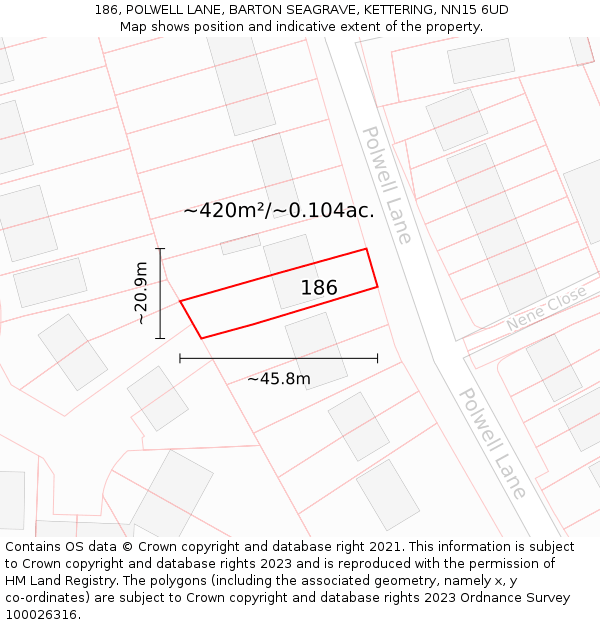 186, POLWELL LANE, BARTON SEAGRAVE, KETTERING, NN15 6UD: Plot and title map