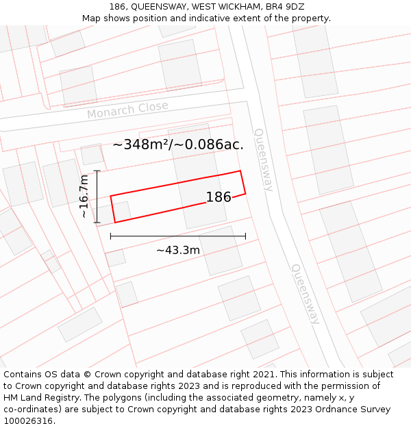 186, QUEENSWAY, WEST WICKHAM, BR4 9DZ: Plot and title map