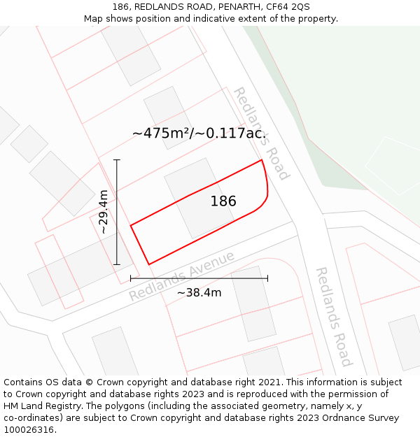 186, REDLANDS ROAD, PENARTH, CF64 2QS: Plot and title map