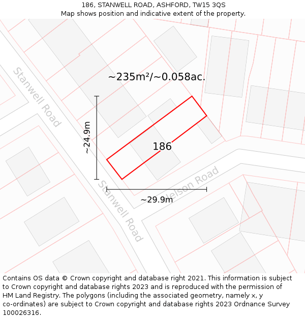 186, STANWELL ROAD, ASHFORD, TW15 3QS: Plot and title map