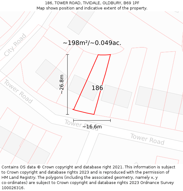 186, TOWER ROAD, TIVIDALE, OLDBURY, B69 1PF: Plot and title map