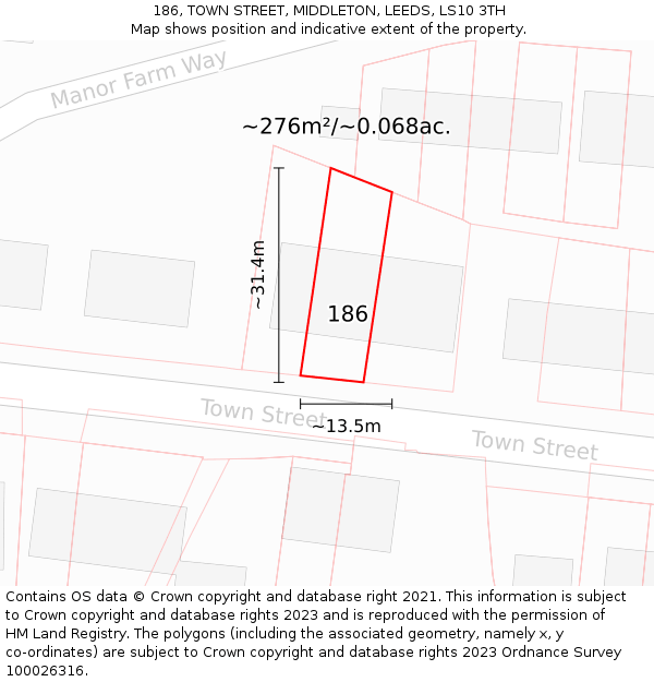 186, TOWN STREET, MIDDLETON, LEEDS, LS10 3TH: Plot and title map