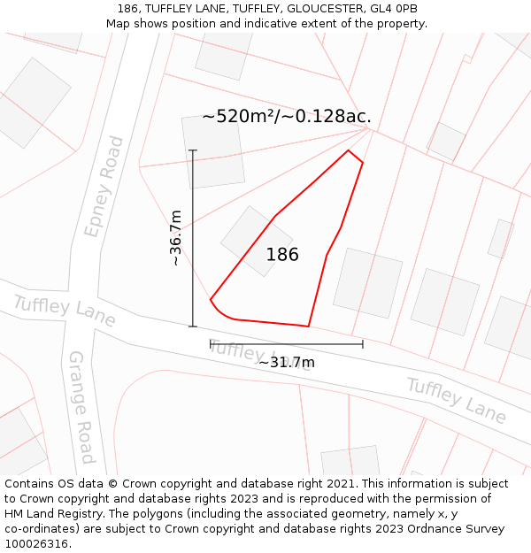 186, TUFFLEY LANE, TUFFLEY, GLOUCESTER, GL4 0PB: Plot and title map
