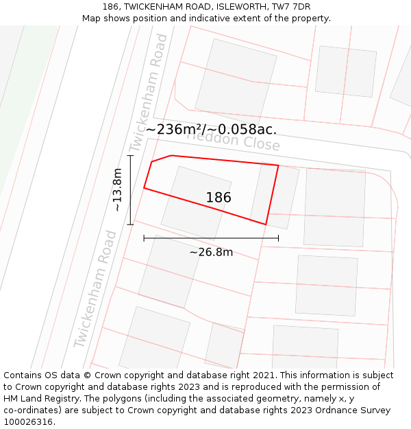 186, TWICKENHAM ROAD, ISLEWORTH, TW7 7DR: Plot and title map