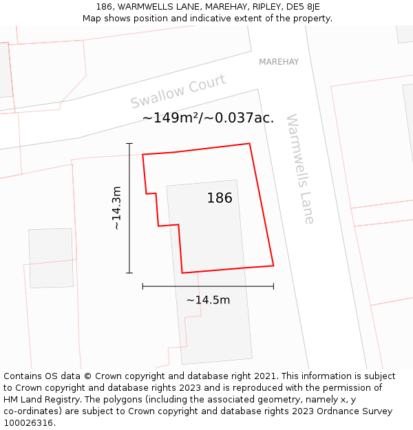 186, WARMWELLS LANE, MAREHAY, RIPLEY, DE5 8JE: Plot and title map