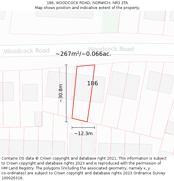 186, WOODCOCK ROAD, NORWICH, NR3 3TA: Plot and title map
